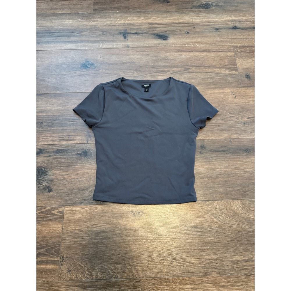 Express Body Contour Short Sleeve Tee Charcoal Gray Boat Neck Cropped Top XS